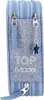 A close-up view of a blue pencil case with glitter and the words 'TOP Model' on it. Produktbild-Vorschau