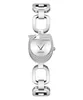 A silver Guess watch with a G-shaped face adorned with rhinestones and a link bracelet. Produktbild-Vorschau