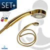 A gold-colored hand shower and hose set, with several colored gaskets shown in the upper left corner. Produktbild-Vorschau