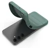 A green phone case is being placed onto a black smartphone. Produktbild-Vorschau