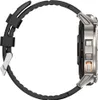 Side view of a silver smartwatch with a black strap. Podgląd zdjęcia produktu