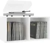 A white storage unit with two compartments, filled with vinyl records, topped by a turntable with its lid open. The text "DJ Ever" is visible on one of the records. Voir les images du produit