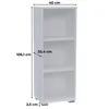 A white, three-shelf bookcase with dimensions indicated by measurement lines and text. Produktbild-Vorschau