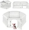 A collage of images showing a white plastic dog playpen in different configurations, including a house-like structure and an octagonal pen with a dog inside. Produktbild-Vorschau