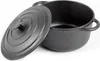 A black cast iron pot with its lid slightly ajar, shown on a white background. Produktbild-Vorschau