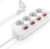 A white power strip with multiple sockets and individual switches, along with its white plug and cable, is shown against a white background. Voir les images du produit