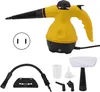 A yellow and black handheld steam cleaner with various attachments laid out below it, along with a diagram of an electrical plug. Náhled obrázku produktu