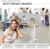 A woman is holding her hand to her ear, looking surprised, in front of a standing desk with a partition. Arrows indicate sound waves being blocked by the partition. Produktbild-Vorschau