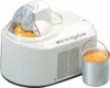 A white ice cream maker with a clear lid and a silver bucket of ice cream next to it, set against a white background. Voir les images du produit