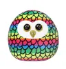 A plush toy owl with rainbow-colored feathers and large, glittery eyes, presented against a white background. Produktbild-Vorschau