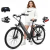 A woman is standing next to an electric bicycle, with close-up views of the bike's display and gear shifter. Produktbild-Vorschau