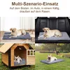 Collage showing a dog mat in different settings: on the floor, in a car, in a dog house, and on grass. Produktbild-Vorschau