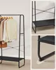 Collage showing a black metal garment rack with clothes on it and close-up views of its construction. Náhled obrázku produktu