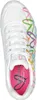 A top-down view of a white sneaker with colorful ribbon-like graphics and a pink insole. Voir les images du produit