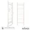 Two views of a white wooden bookshelf with dimensions indicated by text and lines. Podgląd zdjęcia produktu