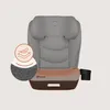 A gray child car seat with a peach and brown base, shown with a circular graphic highlighting fabric texture and a feather icon. Náhled obrázku produktu