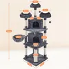 A detailed diagram of a multi-level cat tree with dimensions indicated by orange labels. Podgląd zdjęcia produktu