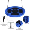 A blue nest swing is shown hanging against a white background, with close-up insets highlighting its features. Voir les images du produit