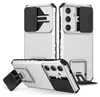 Multiple views of a white and black phone case with a sliding camera cover and kickstand. Produktbild-Vorschau