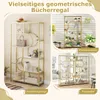 A collage of images showcasing a gold and white geometric bookshelf in different settings and configurations. Produktbild-Vorschau
