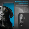 A marketing image showcasing a phone camera lens protector with a dog image on the phone screen. Produktbild-Vorschau
