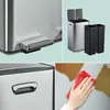 Collage of images showing different aspects of a kitchen trash can, including its pedal, interior bins, and a hand cleaning a spill. Náhled obrázku produktu