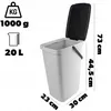 A gray plastic waste bin with an open black lid, shown with dimensions and capacity indicated by text and icons. Anteprima dell’immagine prodotto