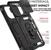 A black phone case with features highlighted by text overlays. Produktbild-Vorschau