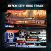 A collage-style marketing image showcasing two sections of a marble run toy, one labeled 'Top City Expressway' and the other 'Industrial Area', with text overlays describing features. Produktbild-Vorschau