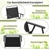 Collage of close-up shots of a black folding chair, highlighting its features with German text descriptions. Náhľad obrázku produktu