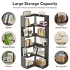 A corner bookshelf with various items displayed on its shelves, surrounded by circular insets showing examples of what can be stored. Produktbild-Vorschau