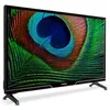 A black television set with a peacock feather displayed on its screen, resting on its stand. Produktbild-Vorschau