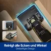 A vacuum cleaner is shown in a corner, with inset images highlighting its features. Produktbild-Vorschau