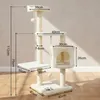 A beige and white cat tree with dimensions indicated by measurement lines and text. Podgląd zdjęcia produktu