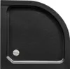 A black, quarter-round shower tray with a stone-like texture and a silver drain cover. Produktbild-Vorschau