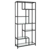 A tall, black metal bookshelf with clear glass shelves is shown against a white background. Produktbild-Vorschau