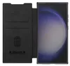 A black flip case for a smartphone is shown open, revealing the phone's screen. Produktbild-Vorschau