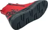 A red boot with a black sole is shown from a low angle, highlighting the tread pattern. Produktbild-Vorschau