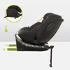 A black child car seat is shown from the side, mounted on its base. The base has indicators and a support leg extended. An inset circle shows a detail of the headrest. Náhľad obrázku produktu