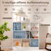 A white bookshelf with various items on and in its shelves, with a plant on the left and a rocking chair on the right. Text overlays describe features and dimensions. Náhľad obrázku produktu