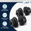 A product image showcasing adjustable dumbbells with feature callouts. Produktbild-Vorschau