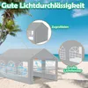 A grey party tent is set up on a sandy beach with palm trees and the ocean in the background. The image highlights the tent's windows and ventilation. Produktbild-Vorschau