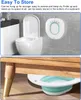A split image showing a toilet and a foldable bidet attachment, with the attachment also shown stored under a wooden table. Produktbild-Vorschau