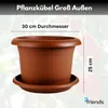 A brown terracotta planter with a saucer, with dimensions indicated by text overlays. Produktbild-Vorschau