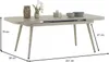 A dining table with chairs, set up in a studio setting with measurements indicated. Produktbild-Vorschau
