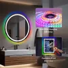 A bathroom scene featuring a round LED mirror with RGB lighting, accompanied by inset images showcasing LED strips and a demonstration of the mirror's explosion-proof glass. Anteprima dell’immagine prodotto