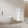 A modern bathroom with a freestanding bathtub and a wall-mounted storage unit with a toilet paper holder. Voir les images du produit