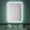 A lit bathroom mirror with integrated LED lighting, set against a teal wall. Below the mirror are three circular icons with text, indicating features. Produktbild-Vorschau