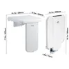 Two views of a white folding shower seat with dimensions indicated. Produktbild-Vorschau