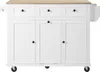 A white kitchen island with a wooden top and black knobs is shown against a white background. Náhled obrázku produktu